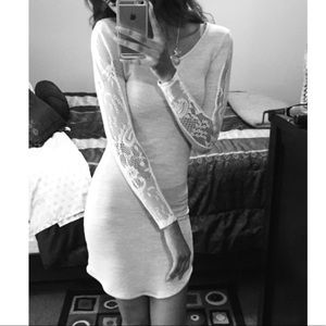 gray dress w/ pretty lace detailing on the side.